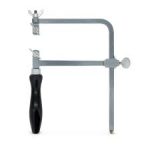 Black Saw Frame by Jeewa Plastic Close-up of the Black Saw Frame ergonomic handle Black Saw Frame holding a saw blade securely Black Saw Frame in use for woodworking applications Black Saw Frame used in a crafting workshop Black Saw Frame industrial application setup