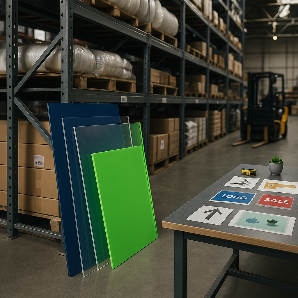 transparent acrylic sheet panel frosted acrylic sheet sample colored acrylic sheet stack warehouse storage racks forklift in background table with printed signs acrylic sheets