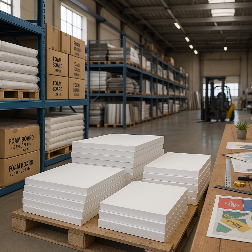 stacked white foam boards warehouse shelving background pallet of foam sheets table with printed designs forklift aisle scene foam board sun board