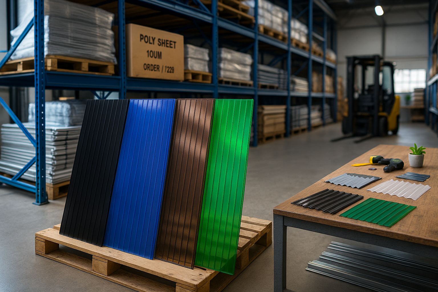 colorful corrugated polycarbonate panels black blue brown green sheets warehouse storage rack background forklift in warehouse aisle wooden pallet display panels table with small sheet samples polycarbonate sheets polycarbonate sheet