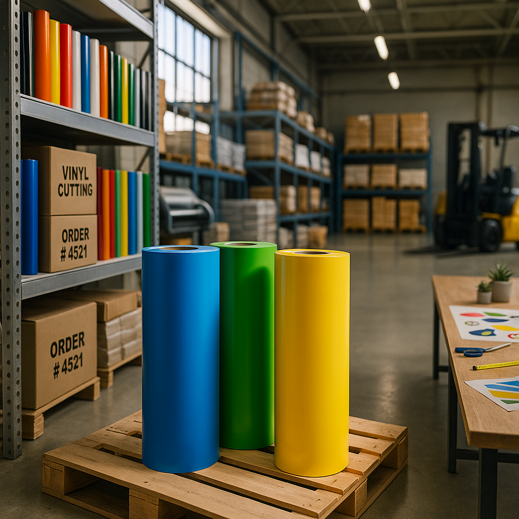 blue vinyl roll on pallet green vinyl roll on pallet yellow vinyl roll on pallet warehouse shelving with vinyl rolls forklift in warehouse aisle tabletop with printed decals vinyl stickers